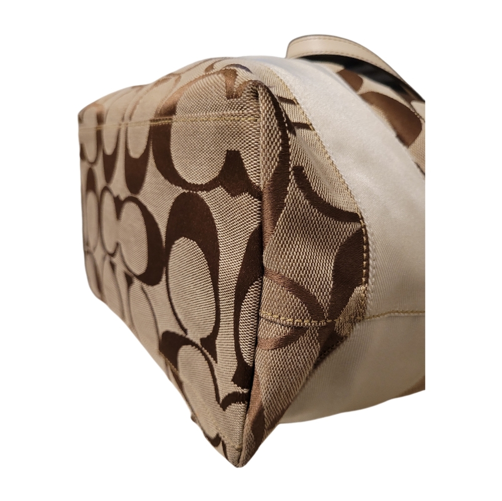 COACH Signature Khakie/Brown Ivory Leather Trimed Tote Shoulder Bag 10125 GUC - Picture 7 of 11